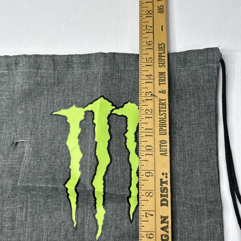 Monster Energy Drawstring Cinch Backpack Gray Front Zipper Pocket Green Logo